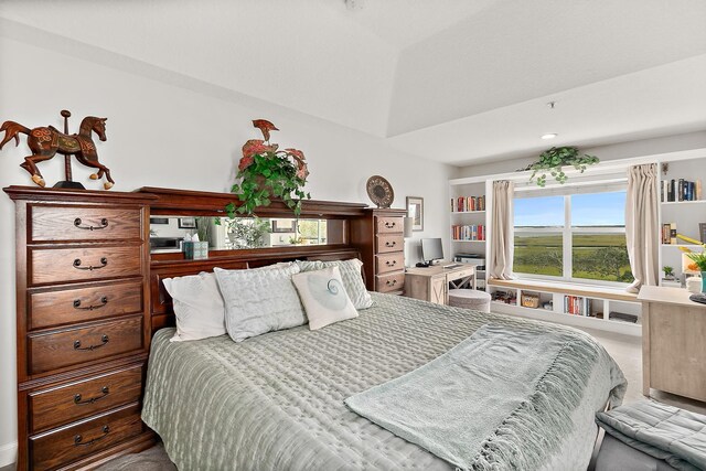 bedroom featuring carpet flooring and vaulted ceiling