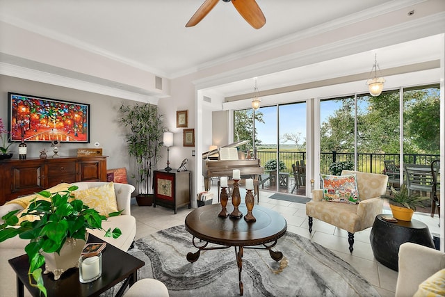 tiled living room featuring ceiling fan, a healthy amount of sunlight, and crown molding