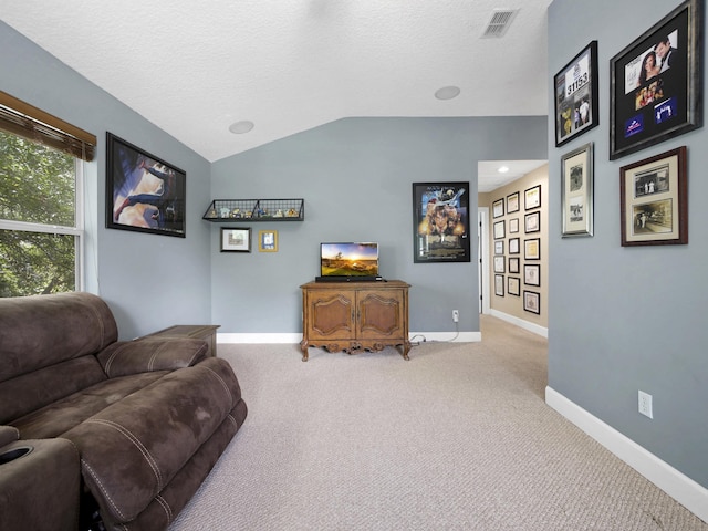 304 1st St, Saint Augustine, FL 32084 - living room with vaulted ceiling, a textured ceiling, and carpet flooring