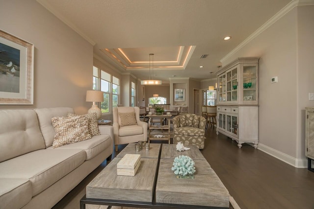 living room with crown molding, dark wood-type flooring, and a tray ceiling