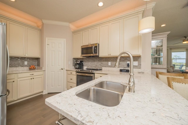 kitchen featuring stainless steel refrigerator, light stone counters, beverage cooler, decorative backsplash, and cream cabinetry