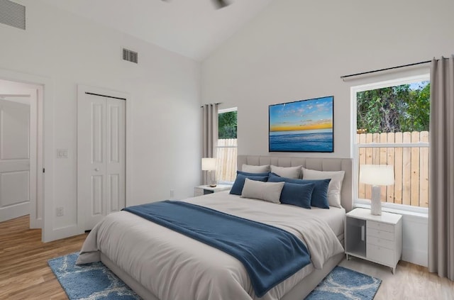 bedroom featuring a closet, high vaulted ceiling, light hardwood / wood-style flooring, and multiple windows