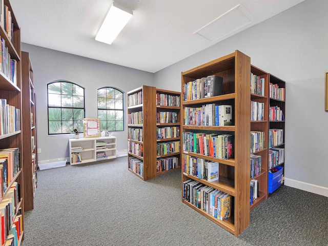 2200 Vista Cove Rd, Saint Augustine, FL 32084 - miscellaneous room featuring baseboards, carpet floors, attic access, and wall of books