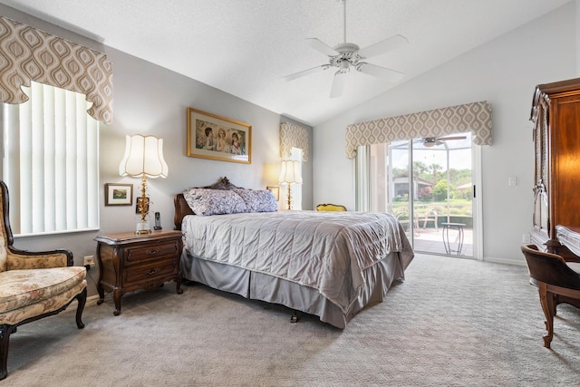 19 San Rafael Ct, Palm Coast, FL 32137 - bedroom with access to exterior, light colored carpet, lofted ceiling, baseboards, and ceiling fan