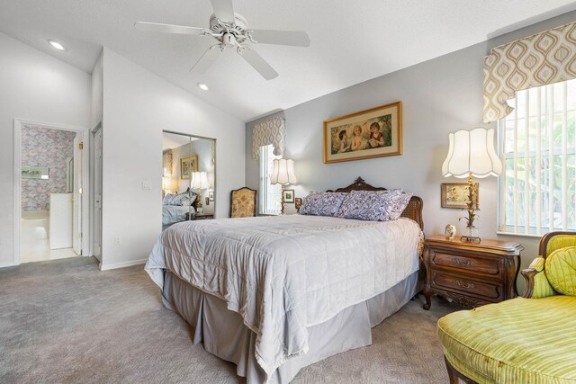 19 San Rafael Ct, Palm Coast, FL 32137 - carpeted bedroom with vaulted ceiling, recessed lighting, connected bathroom, and a ceiling fan