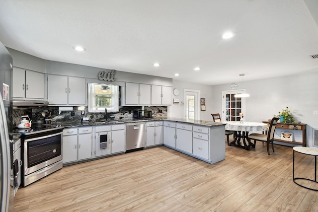 kitchen with sink, stainless steel appliances, light hardwood / wood-style flooring, kitchen peninsula, and decorative backsplash