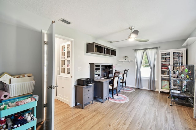 office space with ceiling fan, light hardwood / wood-style flooring, and a textured ceiling