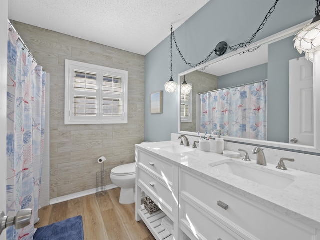 bathroom with toilet, vanity, a textured ceiling, and hardwood / wood-style floors