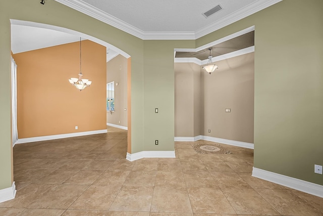 empty room with crown molding, light tile patterned floors, lofted ceiling, and a notable chandelier