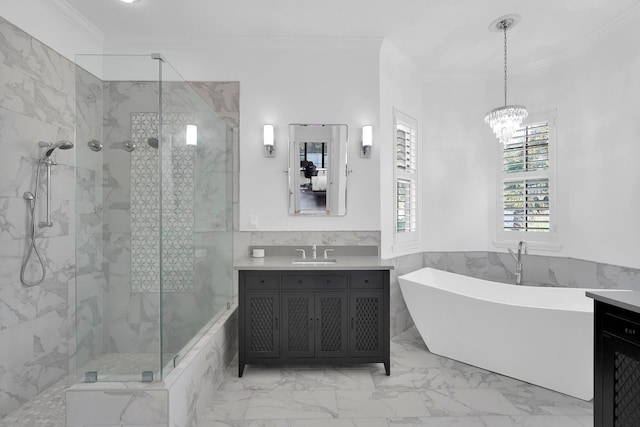 545 Sebastian Sq, Saint Augustine, FL 32095 - full bath with a freestanding bath, vanity, a marble finish shower, ornamental molding, and tile walls