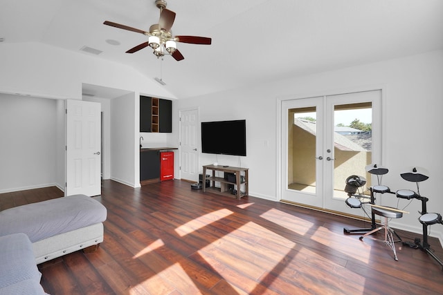 545 Sebastian Sq, Saint Augustine, FL 32095 - living room with lofted ceiling, dark wood-style floors, french doors, a ceiling fan, and baseboards