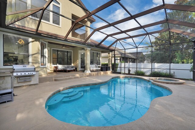 545 Sebastian Sq, Saint Augustine, FL 32095 - view of swimming pool featuring a patio, a ceiling fan, a lanai, and a pool with connected hot tub
