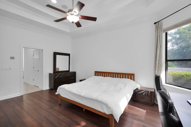 545 Sebastian Sq, Saint Augustine, FL 32095 - bedroom with ornamental molding, a tray ceiling, wood finished floors, a ceiling fan, and baseboards