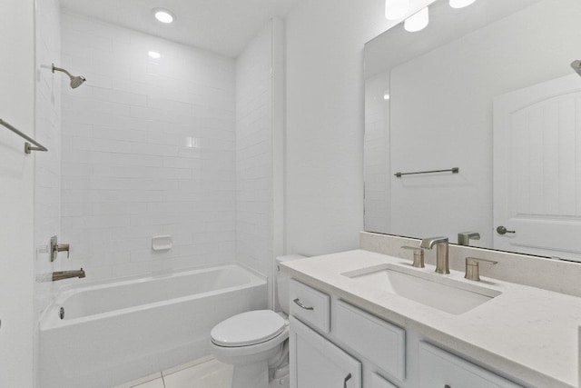 bathroom with recessed lighting, vanity, shower / bathing tub combination, tile patterned floors, and toilet