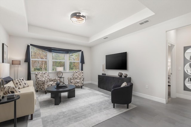 living room featuring hardwood / wood-style flooring and a raised ceiling