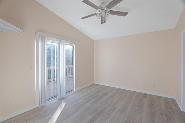 unfurnished room featuring ceiling fan, light hardwood / wood-style floors, and lofted ceiling