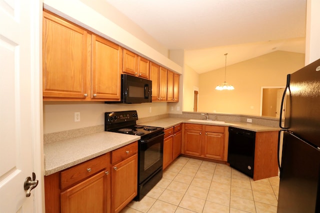 kitchen with decorative light fixtures, vaulted ceiling, a chandelier, black appliances, and sink