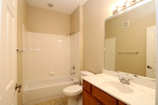 full bathroom with toilet, vanity, tile patterned flooring, and washtub / shower combination