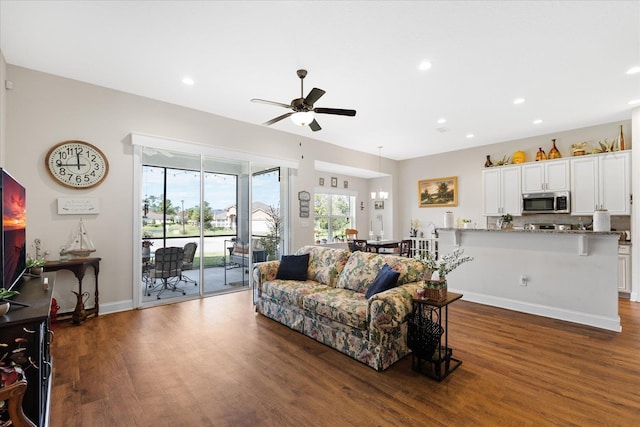552 Christina Dr, Saint Augustine, FL 32086 - living room with baseboards, wood finished floors, recessed lighting, and a ceiling fan