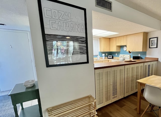 kitchen with electric stove, dark hardwood / wood-style floors, a textured ceiling, and light brown cabinets