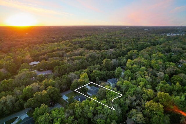 drone / aerial view featuring a wooded view