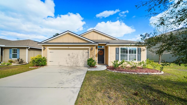 ranch-style home featuring a garage, a front yard, board and batten siding, and concrete driveway