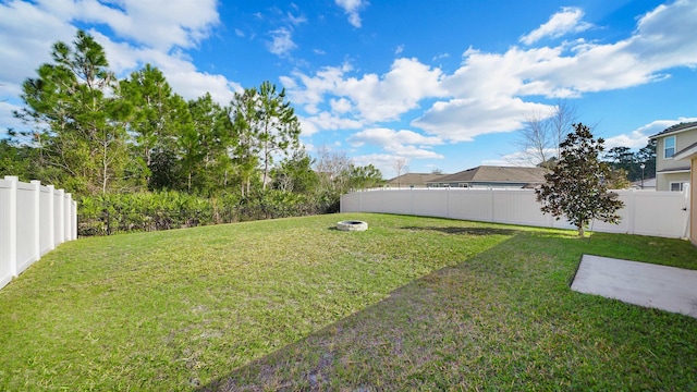 view of yard with an outdoor fire pit and a fenced backyard