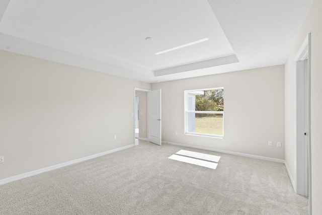 empty room featuring a tray ceiling and light carpet