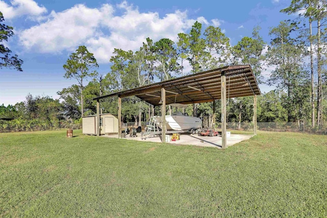 view of yard with a storage unit and a patio