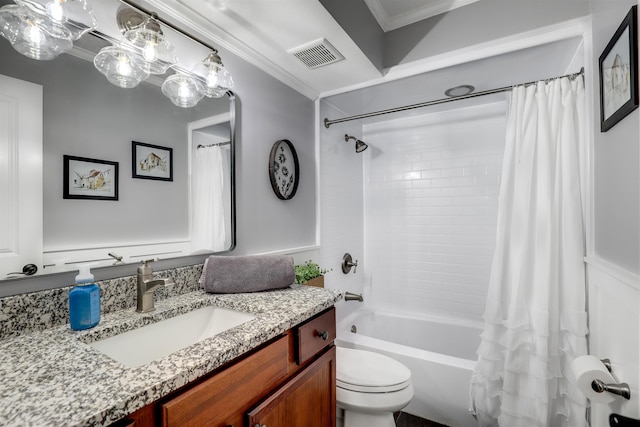 full bathroom with crown molding, vanity, shower / tub combo, and toilet