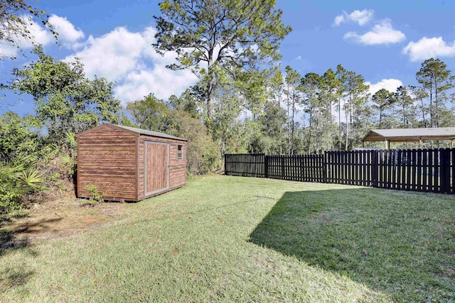 view of yard featuring a storage unit