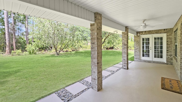 view of patio / terrace with ceiling fan and french doors