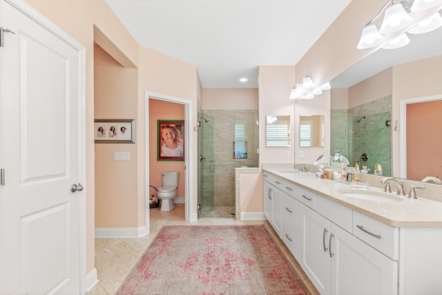 bathroom featuring vanity, toilet, and a shower with shower door