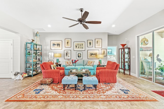 living room with ceiling fan