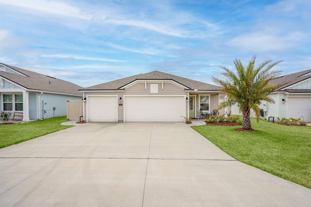 single story home with a garage and a front yard