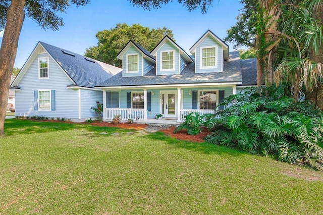 cape cod home with covered porch and a front yard