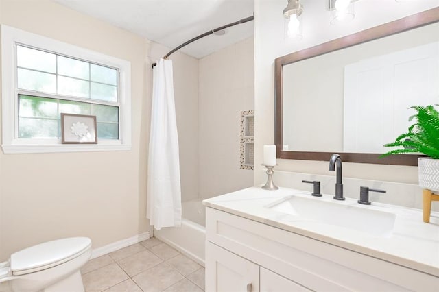 full bathroom featuring tile patterned flooring, vanity, shower / bath combination with curtain, and toilet