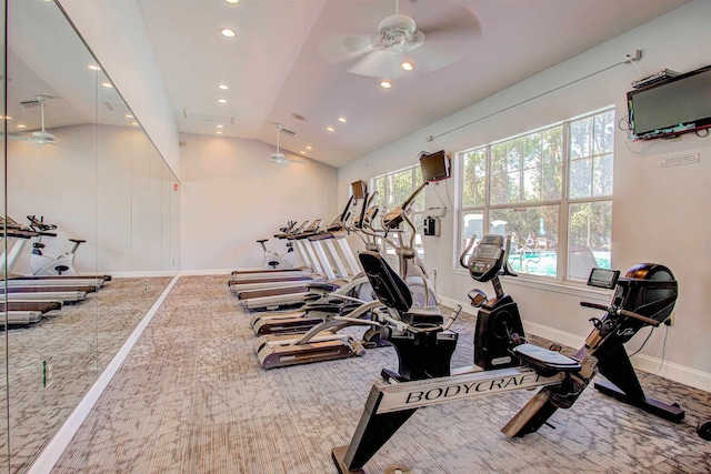20102 Harbour Vista Cir, Saint Augustine, FL 32080 - gym with carpet flooring, plenty of natural light, a ceiling fan, lofted ceiling, and recessed lighting
