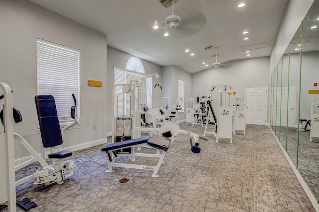 20102 Harbour Vista Cir, Saint Augustine, FL 32080 - exercise room with ceiling fan, recessed lighting, carpet flooring, and lofted ceiling