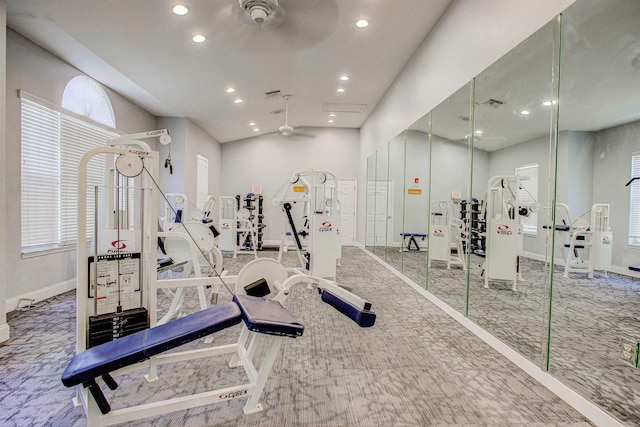 20102 Harbour Vista Cir, Saint Augustine, FL 32080 - workout area featuring a ceiling fan, recessed lighting, carpet, and plenty of natural light