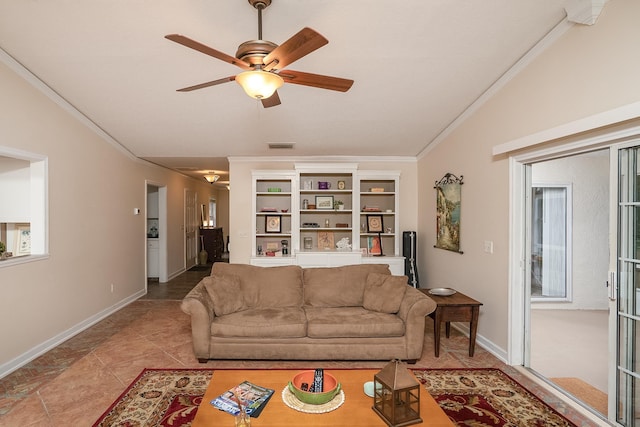 living room with ceiling fan, crown molding, and vaulted ceiling