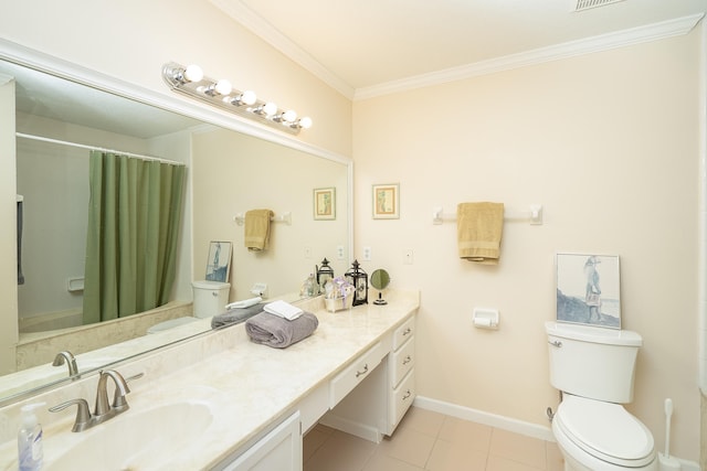 bathroom with toilet, vanity, tile patterned floors, and ornamental molding