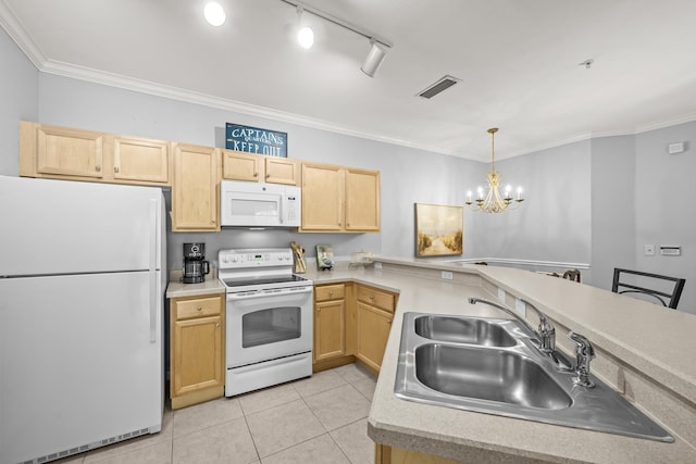 225 Old Village Center Cir Unit 4308, Saint Augustine, FL 32084 - kitchen with white appliances, light brown cabinetry, a chandelier, light tile patterned floors, and crown molding