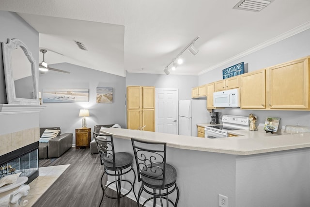 225 Old Village Center Cir Unit 4308, Saint Augustine, FL 32084 - kitchen with white appliances, rail lighting, light brown cabinets, ornamental molding, and a kitchen bar