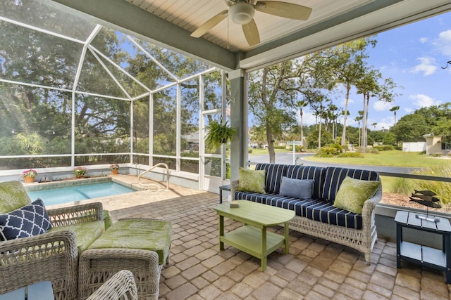 303 S Ocean Trace Rd, Saint Augustine, FL 32080 - view of patio featuring a ceiling fan, an outdoor pool, an outdoor hangout area, a lanai, and a hot tub