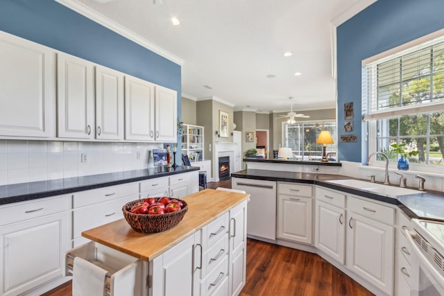 303 S Ocean Trace Rd, Saint Augustine, FL 32080 - kitchen featuring a sink, dishwasher, crown molding, a lit fireplace, and white cabinetry