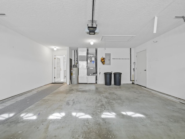 garage featuring a garage door opener, electric panel, electric water heater, and heating unit