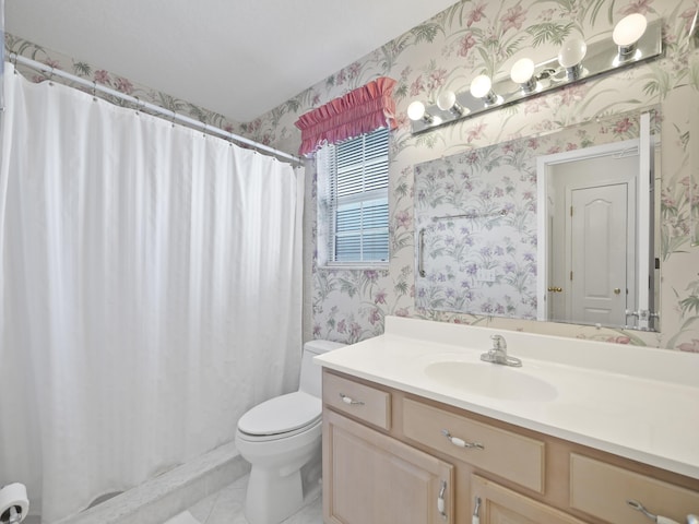 bathroom with vanity, toilet, and a shower with shower curtain