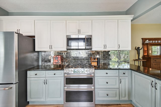 137 Twine St, Saint Augustine, FL 32084 - kitchen featuring decorative backsplash, white cabinetry, dark stone countertops, and stainless steel appliances
