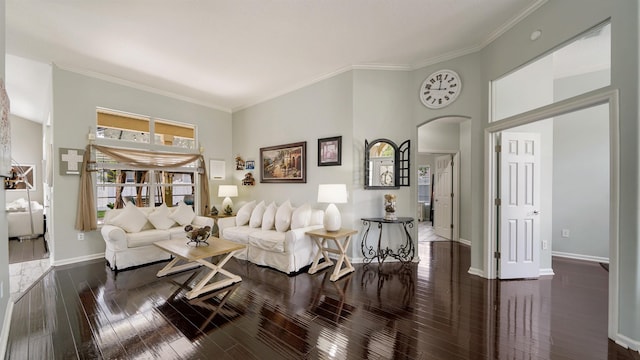 700 N Indigo Ter, Saint Johns, FL 32259 - living area featuring arched walkways, dark wood-style flooring, baseboards, crown molding, and a high ceiling